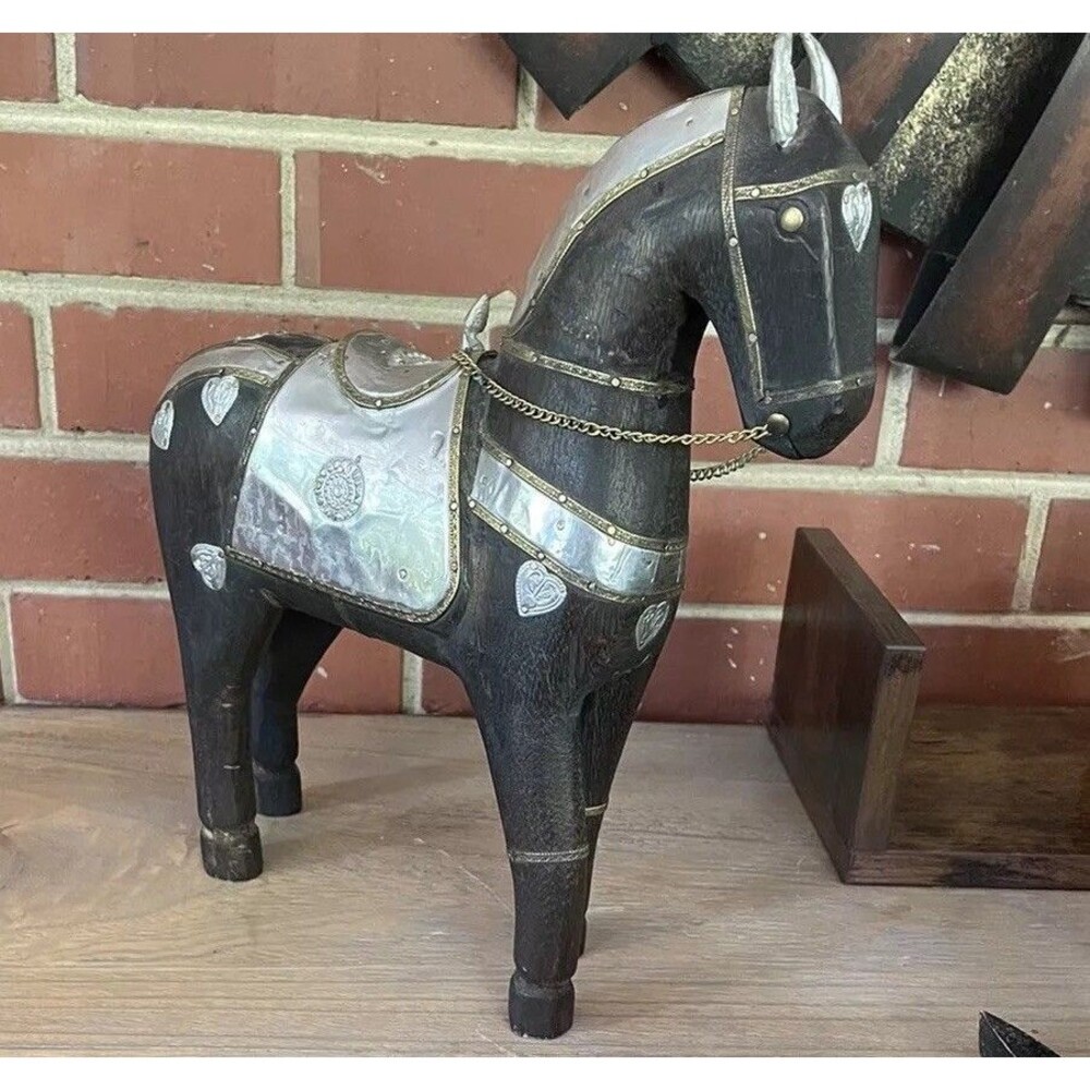 Wooden Horse Hand Carved Silver Hearts India Folk Art Vintage Home Decor Gift
